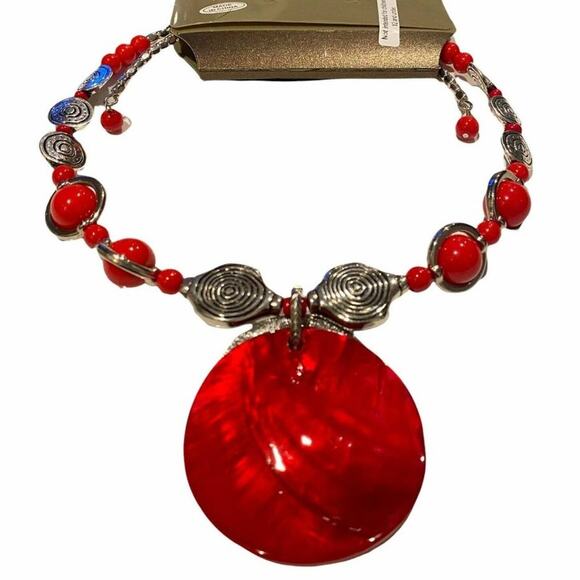 Zevar by Treska Red Silver Statement Pendant Beaded Choker Necklace Boho Art - Picture 6 of 7
